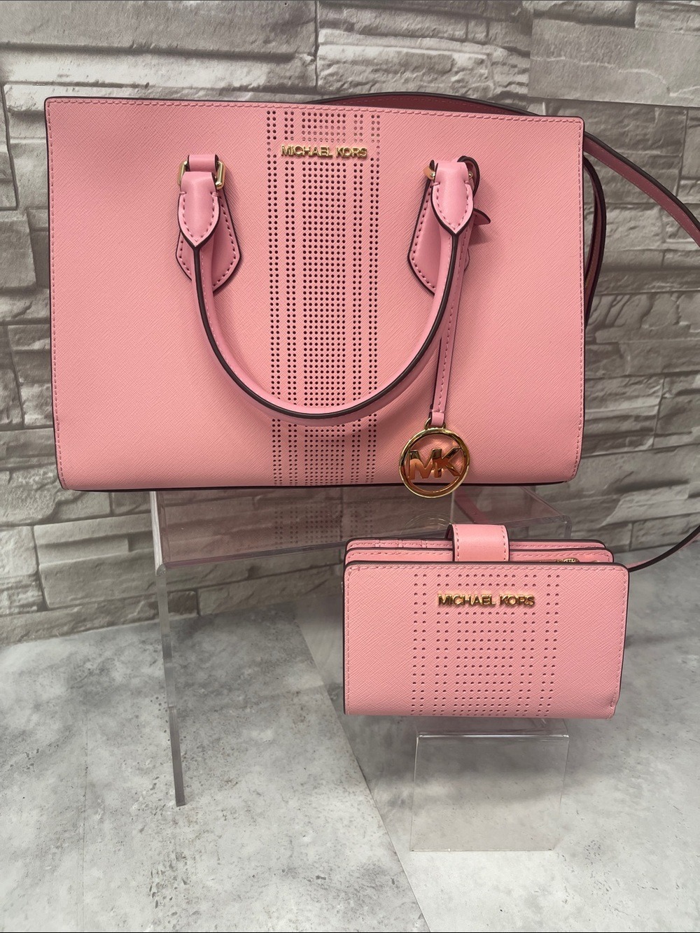 Michael Kors Sheila Medium CZ Satchel & Matching Wallet Carnation Pink